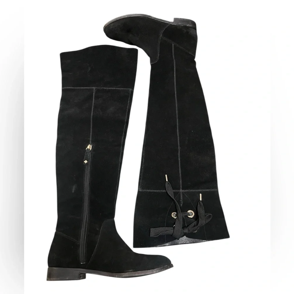 Kate Spade Rebecca black suede over the knee boots with lace up top luxury